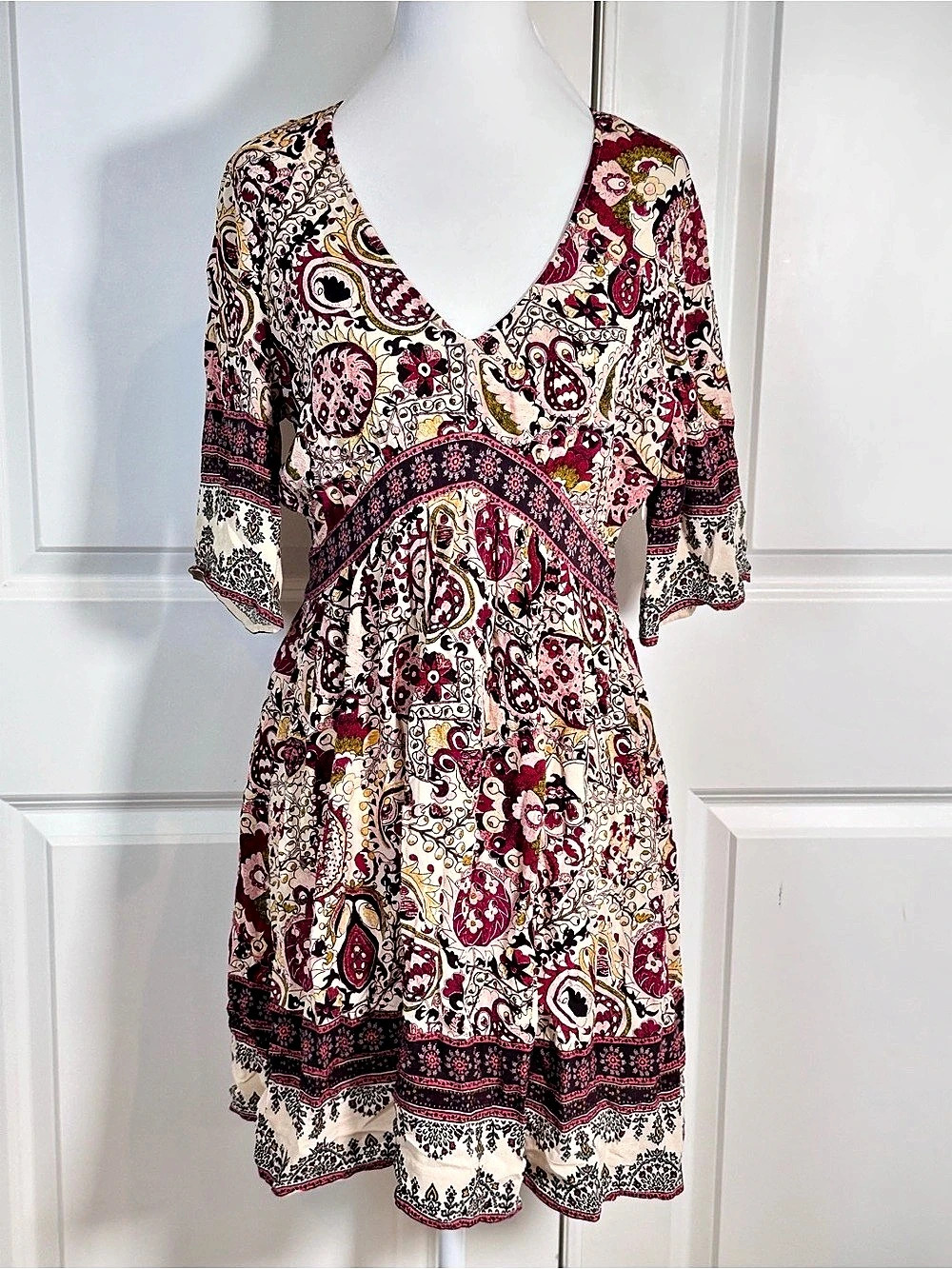 ba&sh Zelda Dress Womens S 1 Paisley Floral Crepe Mini Boho Empire Waist V Neck